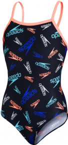 Girl's swimsuit Speedo Boom Logo Thinstrap Muscleback Girl Black/Neon Fire/Light Adriatic
