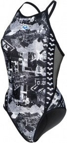 Women's swimwear Arena Icons Swimsuit Fast Back All Over Multi/Asphalt/Black