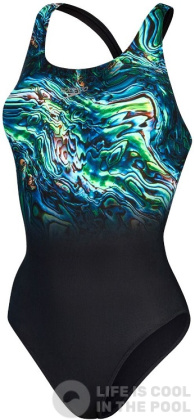 Women's swimwear Speedo Placement Digital Powerback Black/Green Glow/Marine Blue